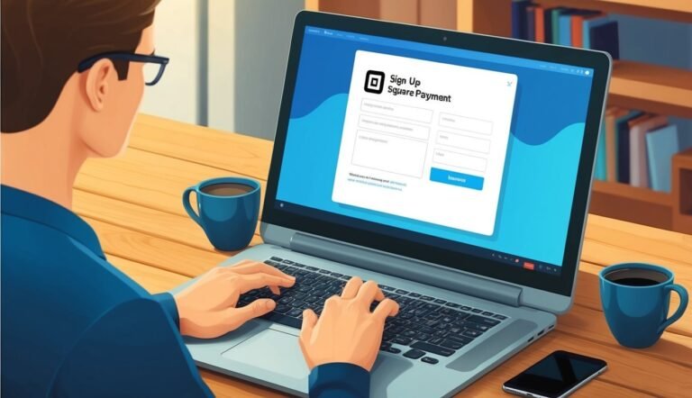 Man signing up for Square Payment on a laptop, with coffee cups