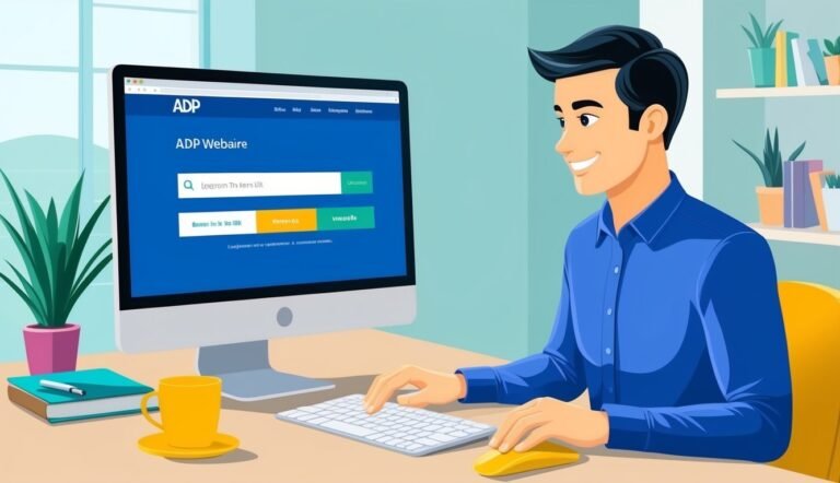 Man using a computer with ADP Webaire login screen, smiling at desk