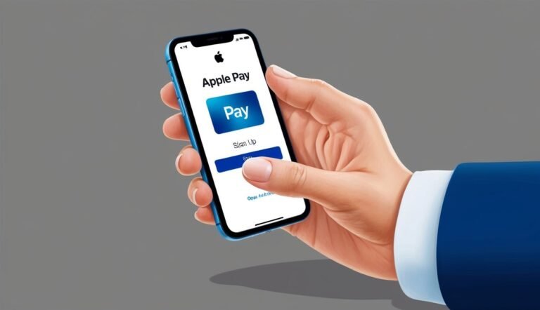 Hand holding a phone displaying the Apple Pay app interface