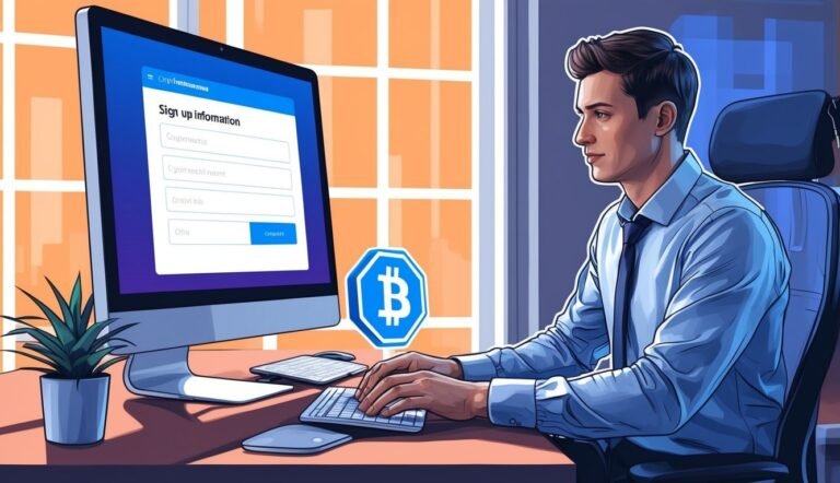 Man signing up for Bitcoin on a computer, with Bitcoin logo