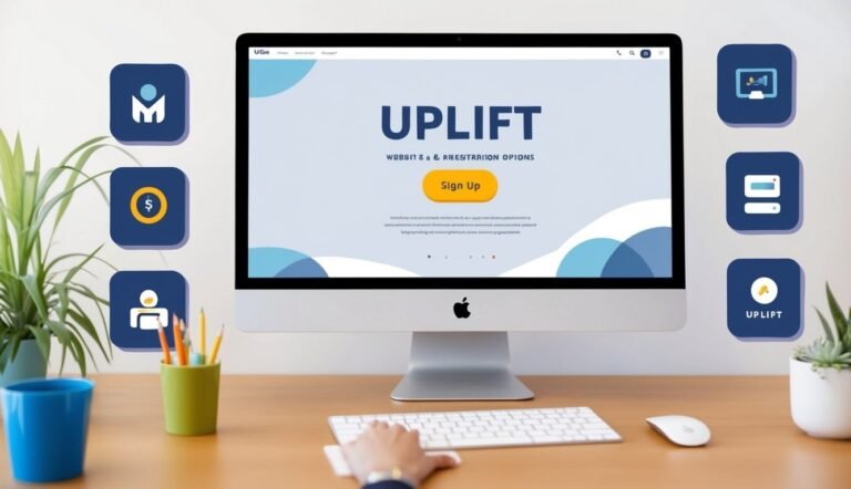 Desktop computer displaying "Uplift" website with "Sign Up" button, icons, and desk items