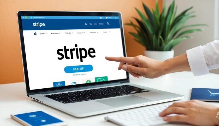 Person pointing at "Sign Up" button on a laptop displaying the Stripe website