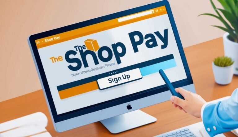 Shop Pay sign-up screen on a computer monitor, with a hand pointing