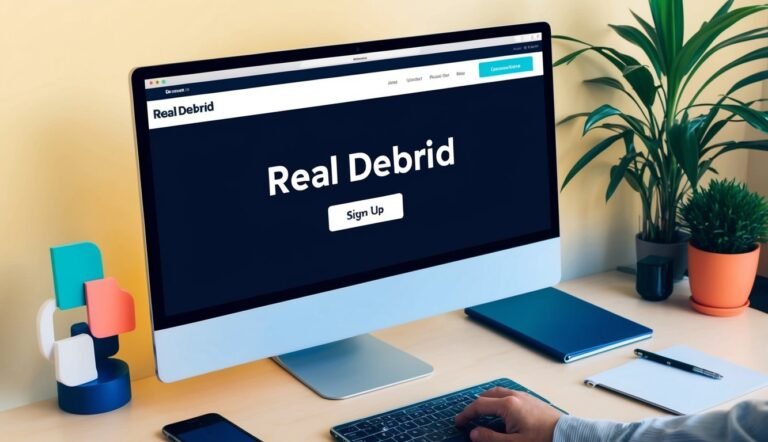 Computer screen displaying "Real Debrid" website with a "Sign Up" button