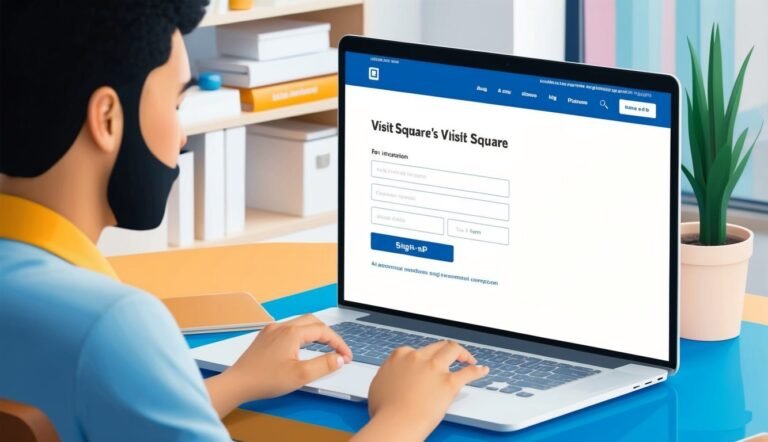 Man using laptop with "Visit Square" login form on screen