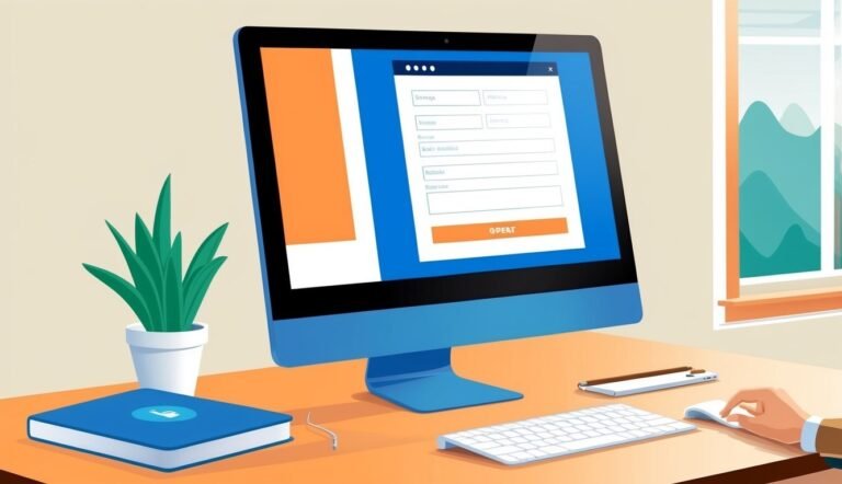 Computer screen displaying a form, desk with keyboard, mouse, and plant