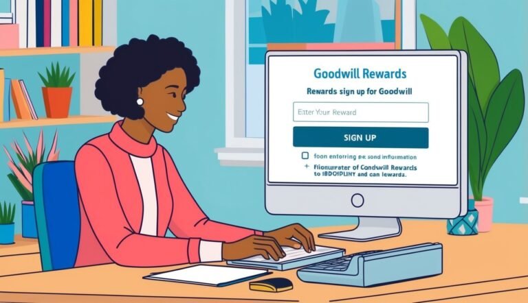 Woman signing up for Goodwill Rewards on a computer, smiling
