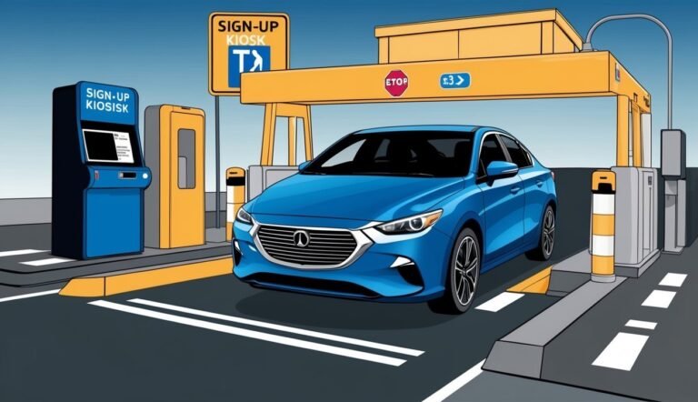 Blue car at a sign-up kiosk toll booth with stop sign