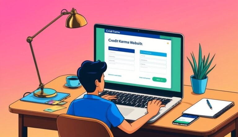 Person using a laptop on a desk with a Credit Karma website open