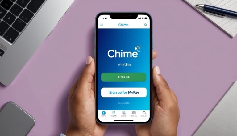 Hands holding a phone displaying the Chime app with sign-up buttons