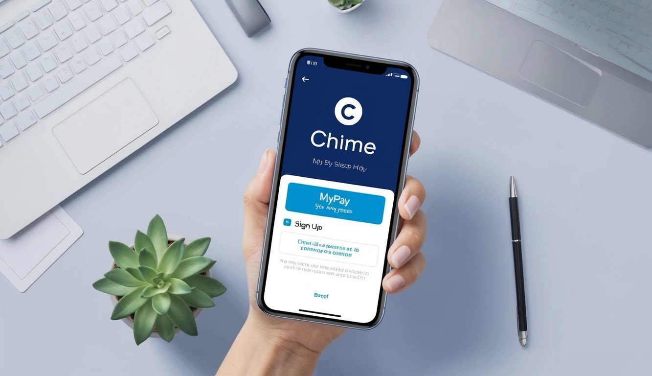 A smartphone displaying the Chime app with the MyPay sign-up process on the screen, surrounded by a clean and modern workspace