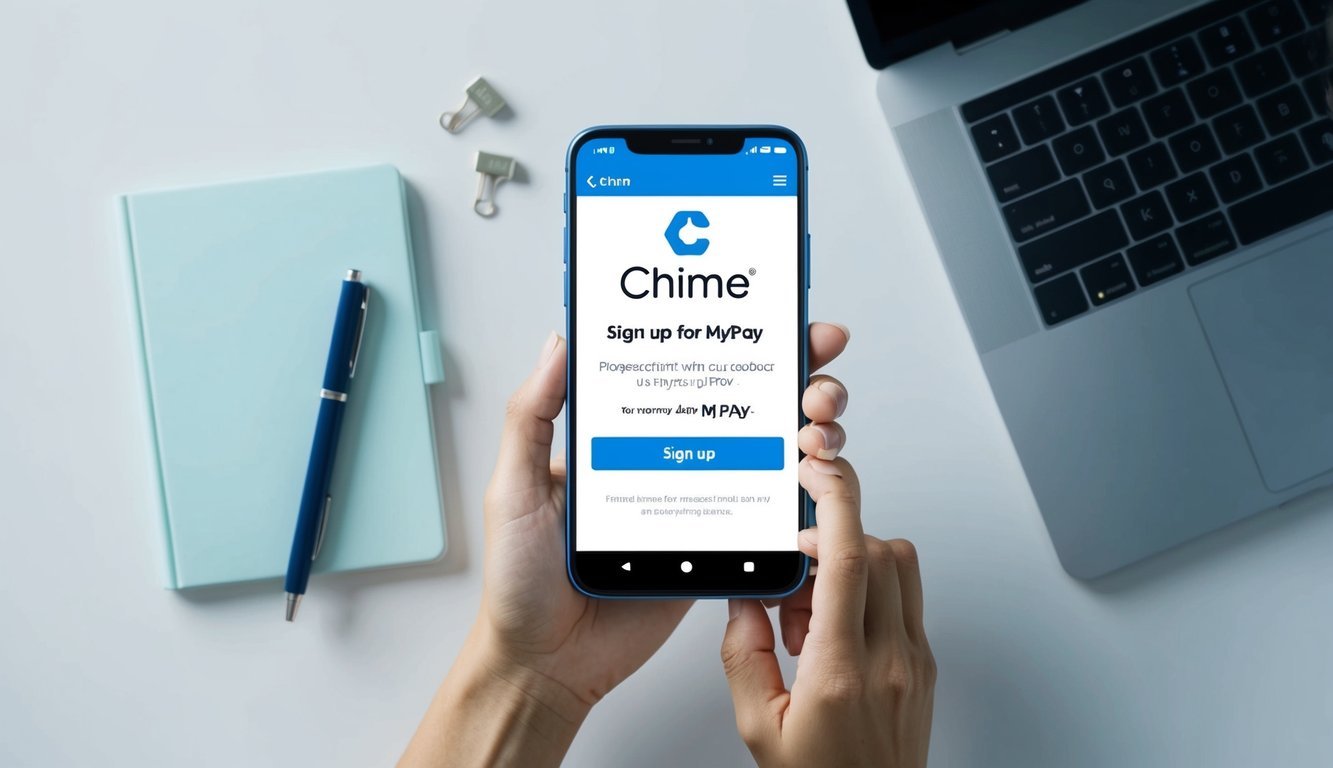 A smartphone displaying the Chime app with a prompt to sign up for MyPay, surrounded by a clean and modern workspace with a laptop and pen