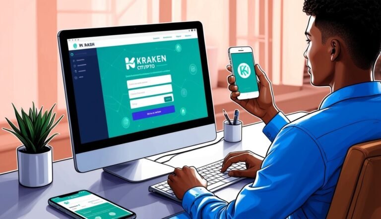Man using computer and phone with Kraken crypto login screen