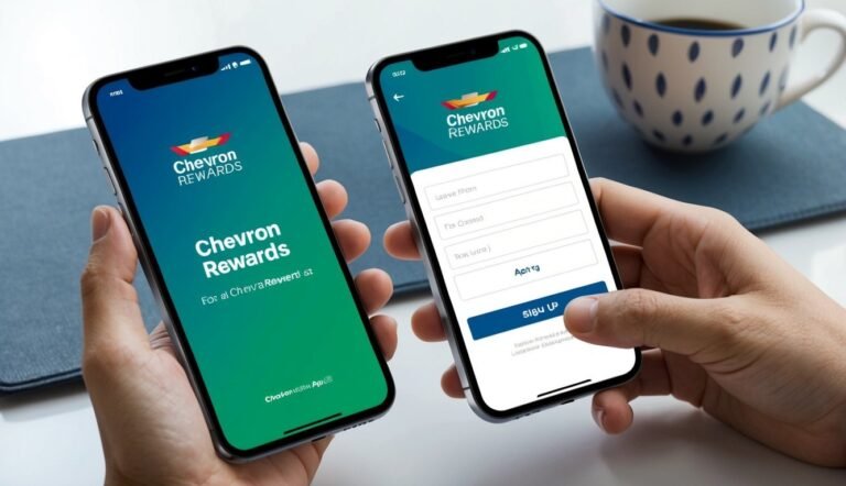 Two phones displaying the Chevron Rewards app, one with sign-up form