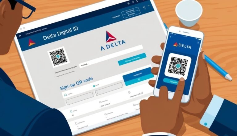 Person using Delta Digital ID on a tablet and smartphone with QR codes