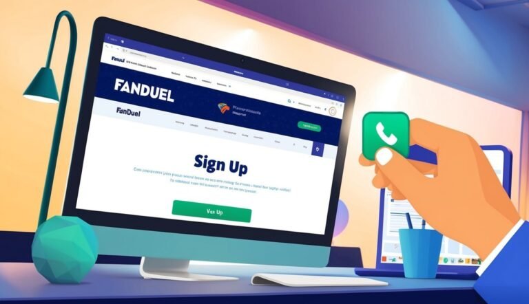 FanDuel website on a computer screen with a hand holding a phone icon