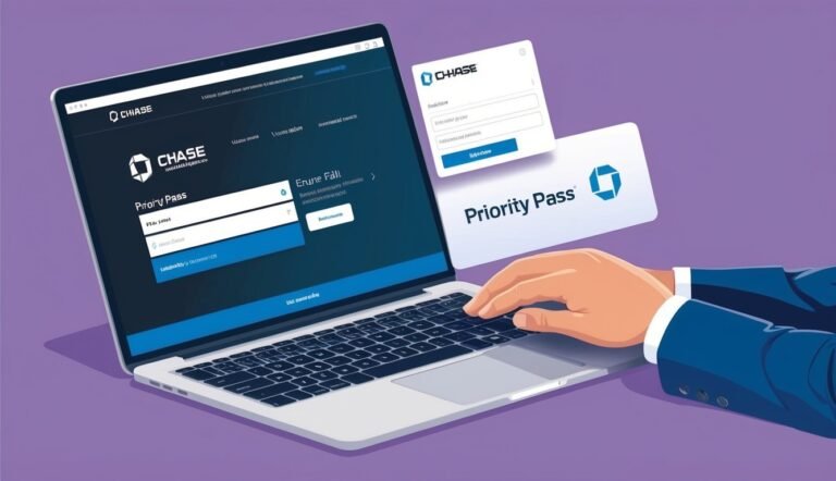 Laptop with Chase Priority Pass login screen, hands typing, and floating login form