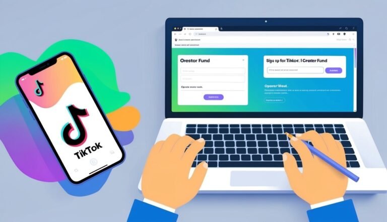 Laptop with TikTok sign-up form, phone with TikTok logo, and hands typing