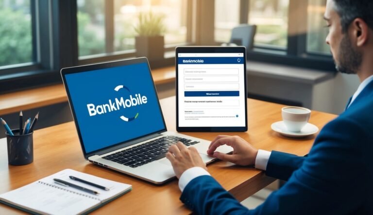 Man using laptop and tablet with BankMobile logo on desk