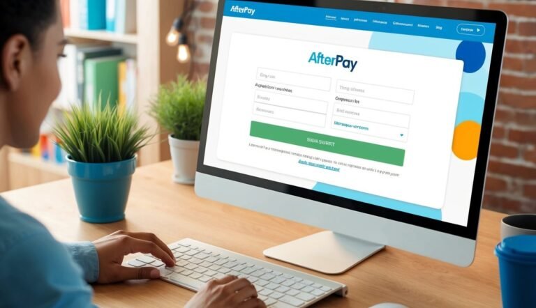 Woman using computer with AfterPay website form on the screen