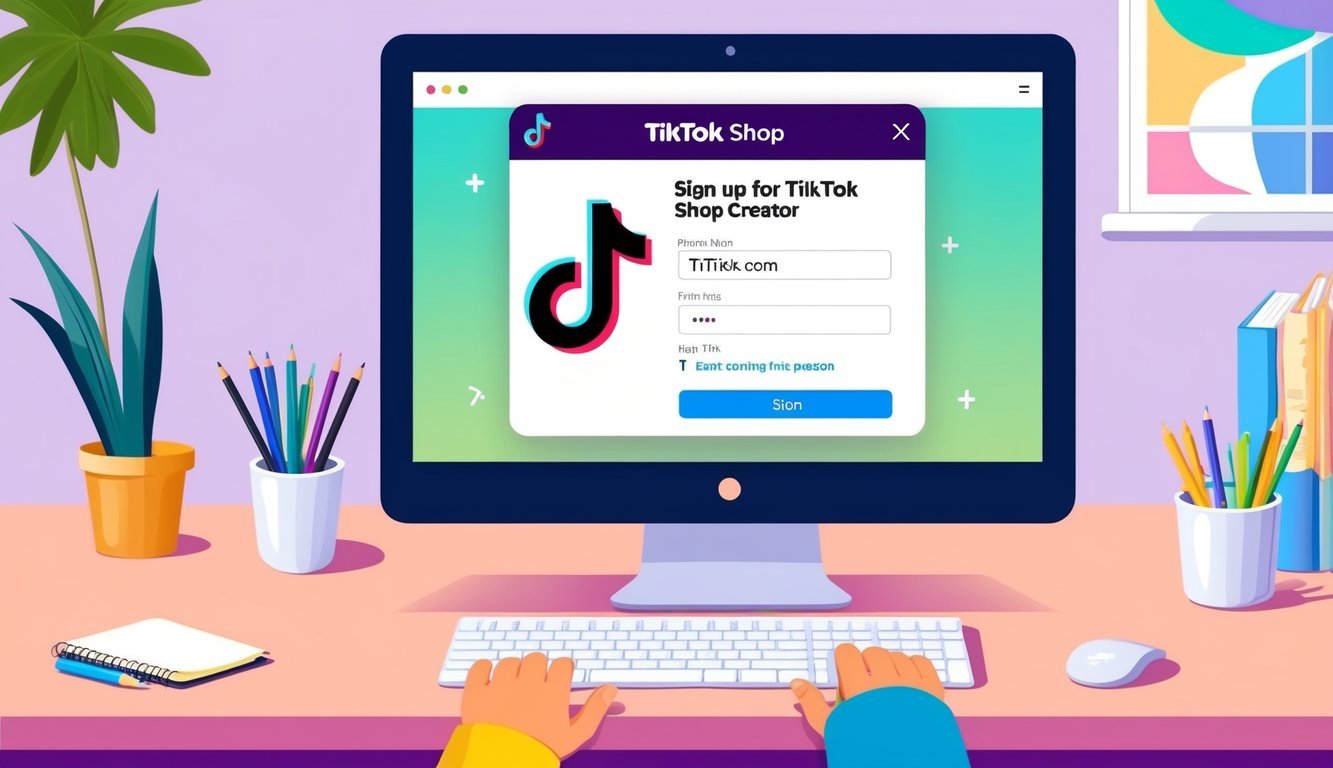 A person using a computer to sign up for TikTok Shop Creator, with the TikTok app open on the screen and the person entering their information