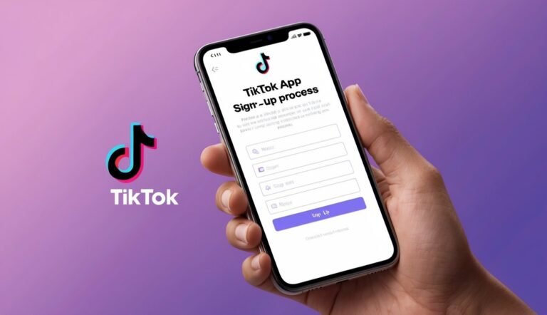 Hand holding a phone with the TikTok sign-up process on the screen