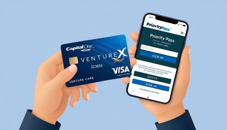 Hands holding a Capital One Venture X card and a phone with Priority Pass app