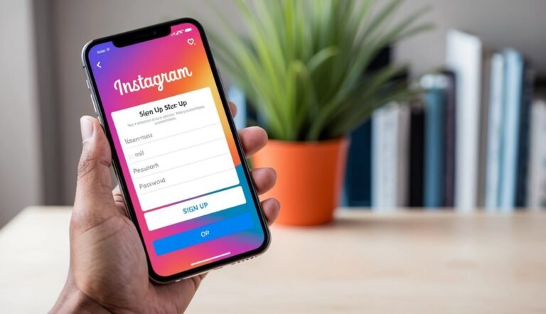 Hand holding a phone displaying the Instagram sign-up page