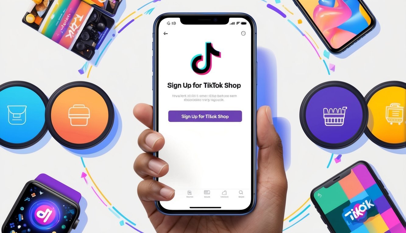 A smartphone displaying the TikTok app with a "Sign Up for TikTok Shop" button highlighted, surrounded by colorful product images and icons