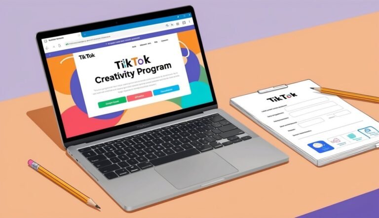Laptop displaying TikTok Creativity Program, clipboard, and pencils on a desk
