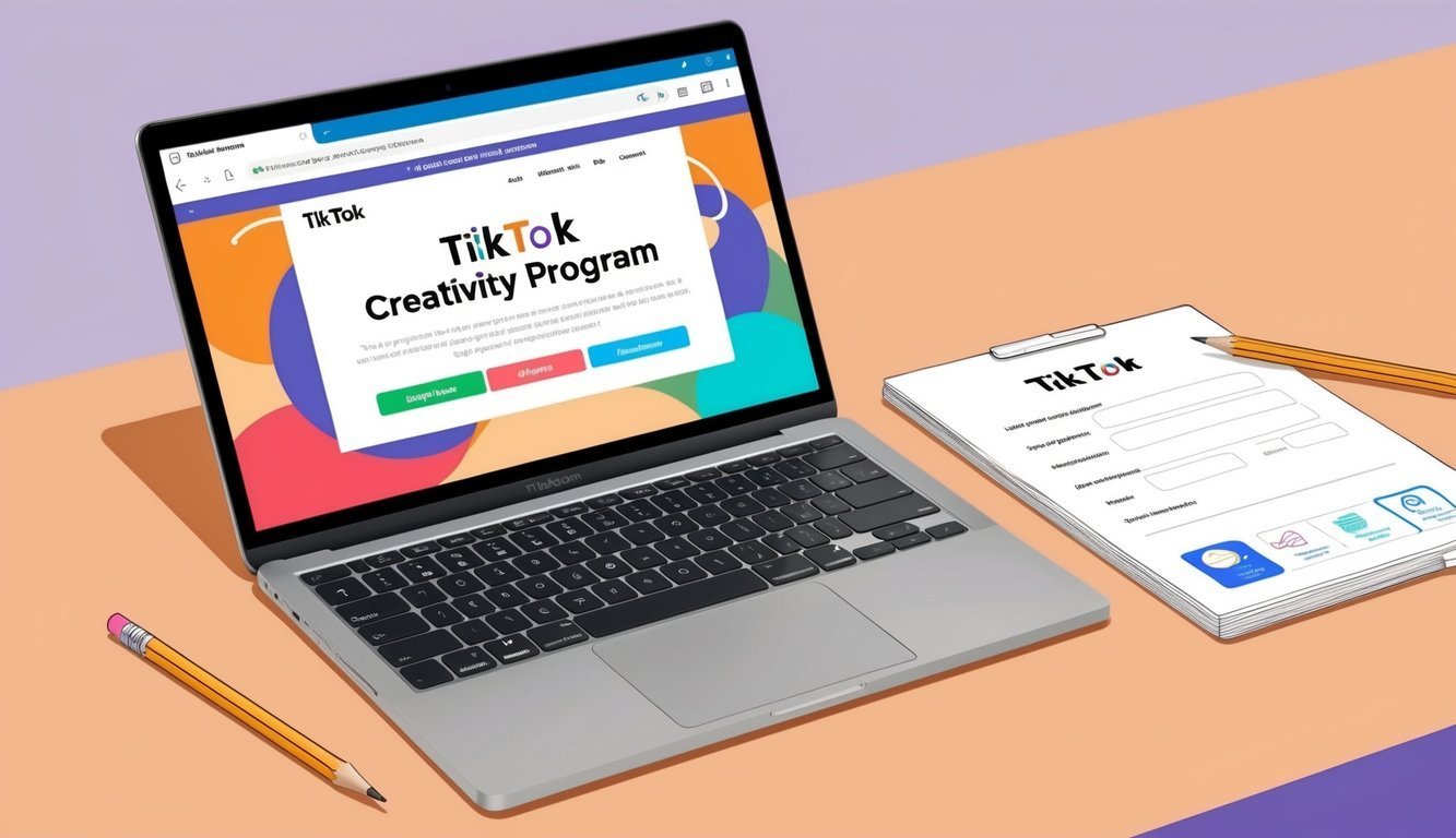 Laptop displaying TikTok Creativity Program, clipboard, and pencils on a desk