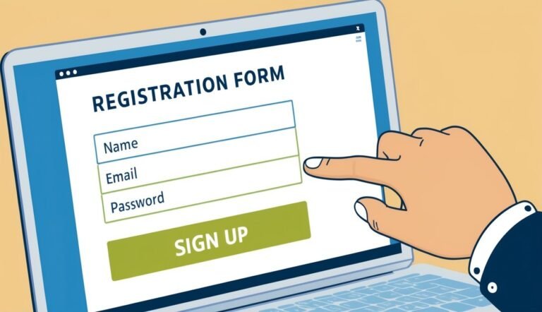 Laptop screen with registration form, finger pointing at the email field