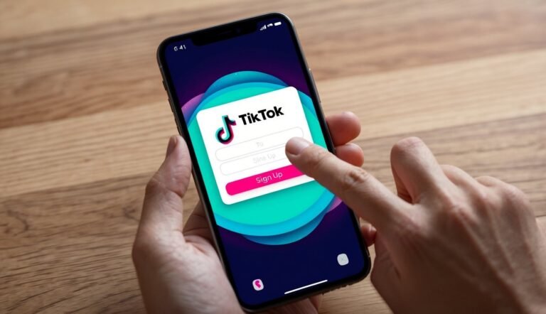 Person holding a phone with the TikTok sign-up screen displayed