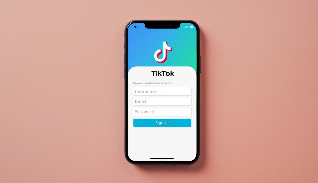 A smartphone with the TikTok app open, displaying the sign-up page with fields for username, email, and password