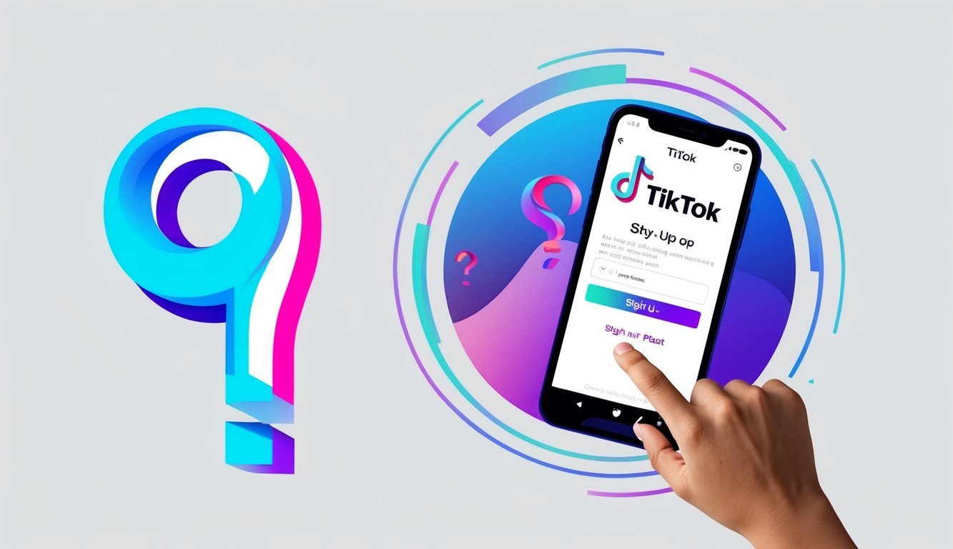 A smartphone displaying the TikTok app with a sign-up page open, surrounded by a stylized question mark and a hand reaching towards the screen