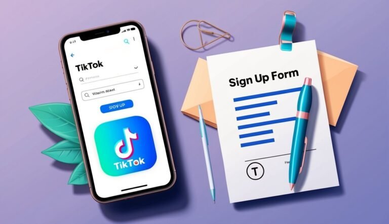 Smartphone with TikTok app and sign-up form with pen on purple surface