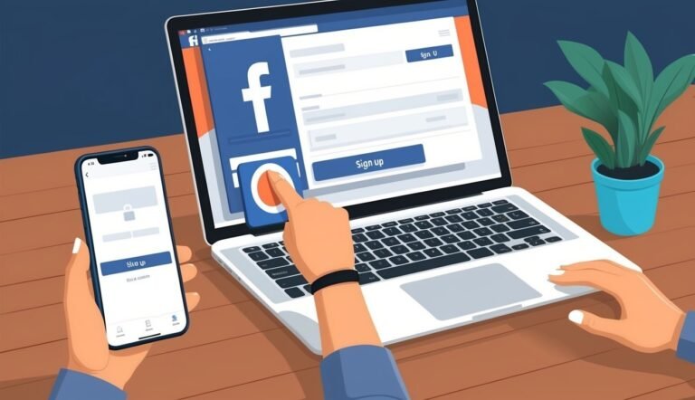 Laptop and phone showing Facebook sign-up page, with a finger touching the screen