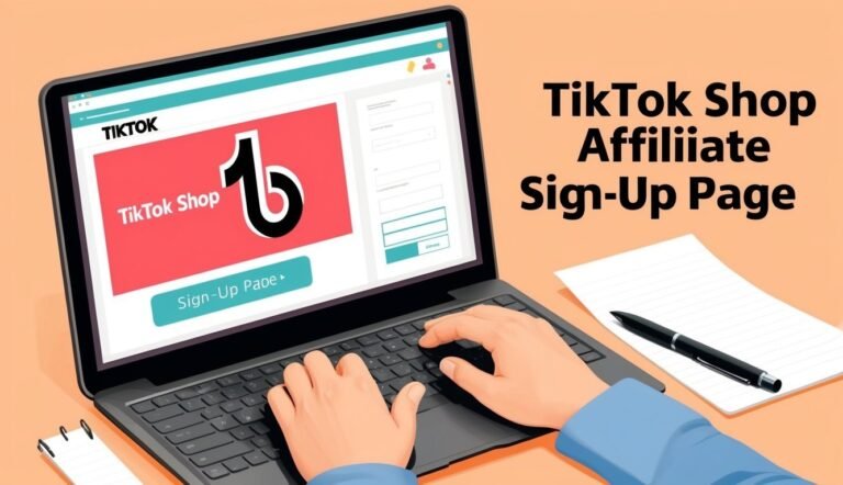 Laptop displaying TikTok Shop Affiliate sign-up page, hands typing, pen and paper nearby