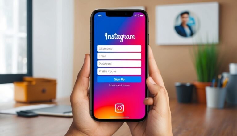 Hands holding a phone displaying the Instagram sign-up page