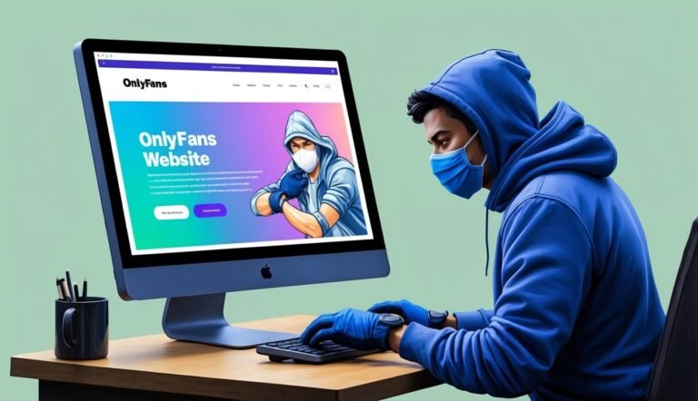 Person wearing a mask and gloves using a computer with OnlyFans website
