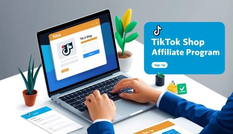 Laptop with TikTok Shop Affiliate Program sign-up, hands typing, plants