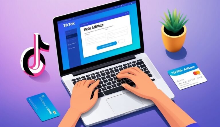 Laptop with TikTok Affiliate form, credit cards, and TikTok logo