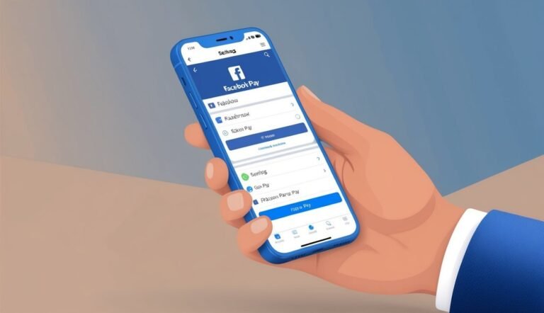 Hand holding a blue smartphone displaying the Facebook Pay app interface