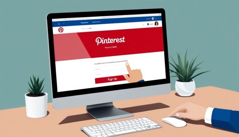 Computer screen displaying Pinterest sign-up page, with keyboard, mouse, and plants