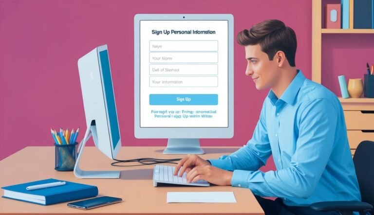 Man filling out a sign-up form on a computer at a desk