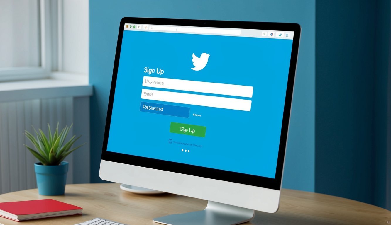 A computer screen with a Twitter homepage open, showing the sign-up process with fields for username, email, and password