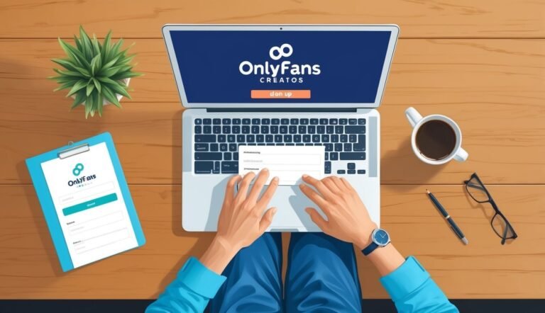 Person using laptop with OnlyFans website open, desk with coffee, plant