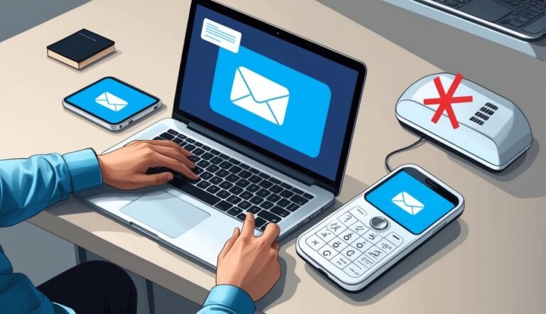 Person using laptop with email icon, old phone, and crossed-out landline
