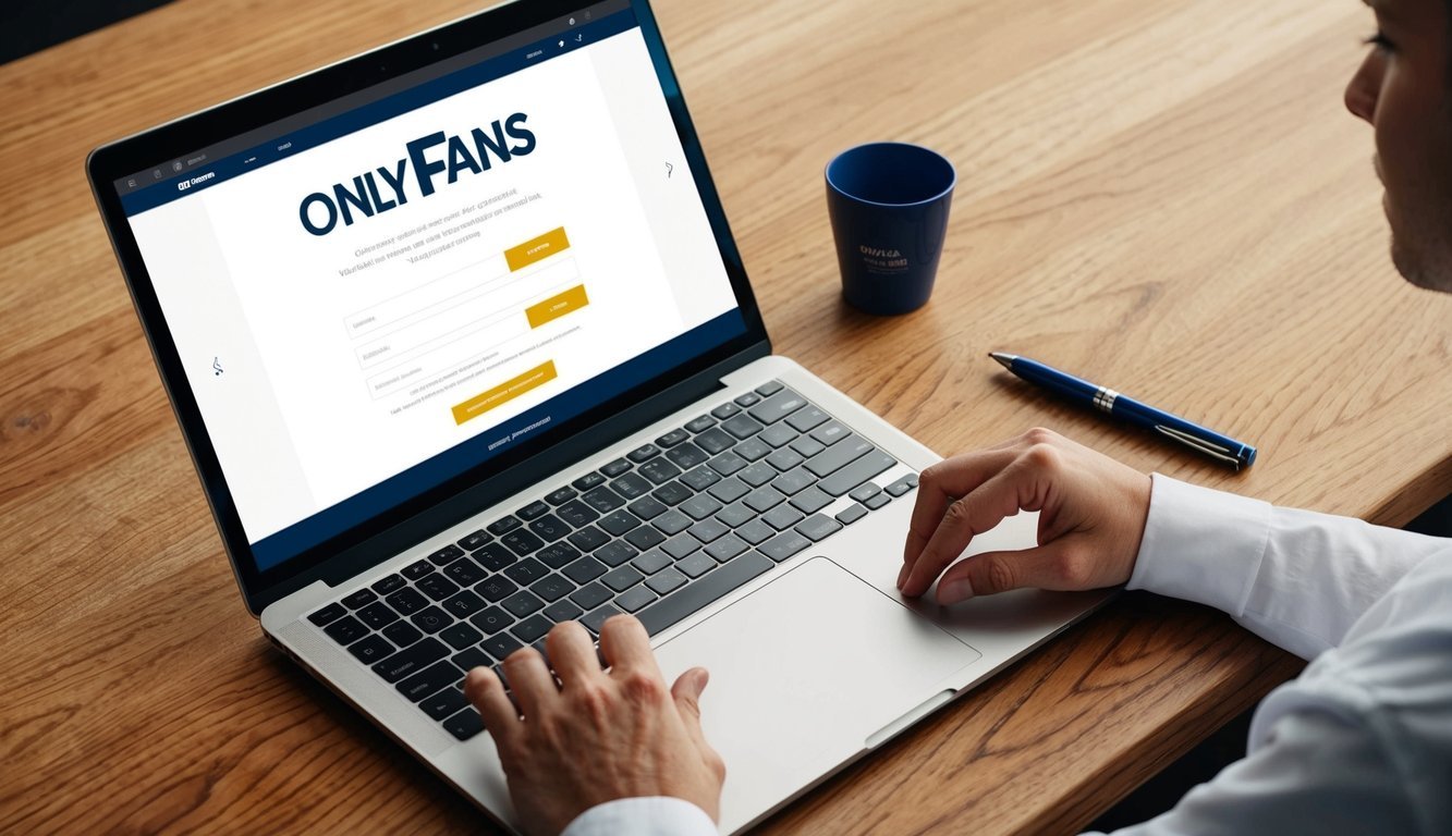 A laptop with OnlyFans website open, a pen signing up form