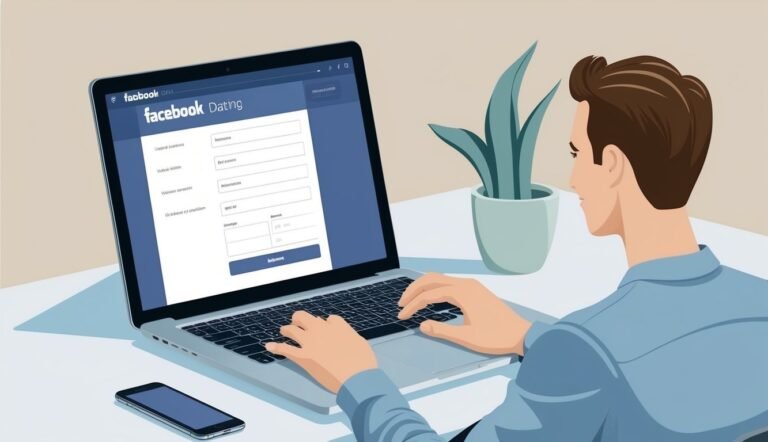 Man using laptop with Facebook Dating form, phone and plant nearby